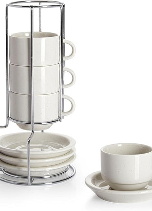 Sweese Porcelain Espresso Cups Set, 2.5 oz, with Saucers, Metal Stand, Stackable - Dove Grey, 4 Pack