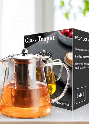 PARACITY Glass Teapot Stovetop 32 OZ, Borosilicate Clear Tea Kettle with Removable 18/8 Stainless Steel Infuser, Teapot Blooming and Loose Leaf Tea Maker Tea Brewer for Camping, Travel (950ML)