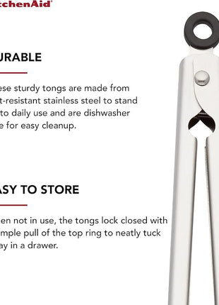 KitchenAid Gourmet Stainless Steel Serving Tongs with Hang Hook and Secure Closing Lock, 9 Inch, Stainless Steel