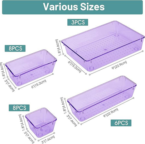 WOWBOX 25 PCS Plastic Drawer Organizer Set, Desk Drawer Divider Organizers and Storage Bins for Makeup, Jewelry, Gadgets for Kitchen, Bedroom, Bathroom, Office, Clear Purple