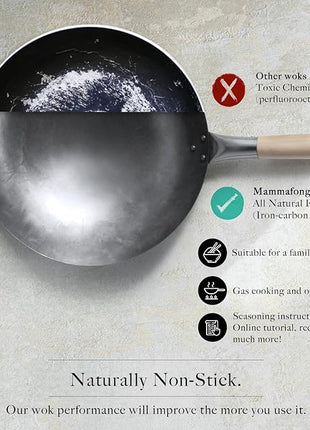Mammafong Round Bottom 14-inch Traditional Carbon Steel Wok Pan - Authentic Hand Hammered Woks and Stir Fry Pans - Pow Wok with no chemical coating