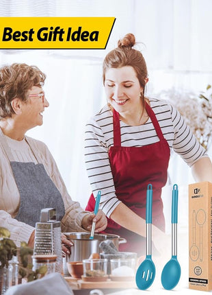 Pack of 2 Large Silicone Cooking Spoons,Non Stick Solid Basting Spoon,Heat-Resistant Kitchen Utensils for Mixing,Serving,Draining,Stirring (BLUE)