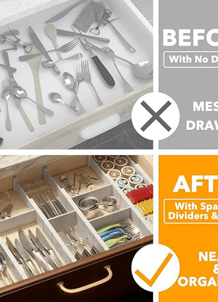 SpaceAid Bamboo Drawer Dividers with Inserts and Labels, Kitchen Adjustable Drawer Organizers, Expandable Organization for Home, Office, Dressers, 7 Dividers with 15 Inserts (17"-22" White)
