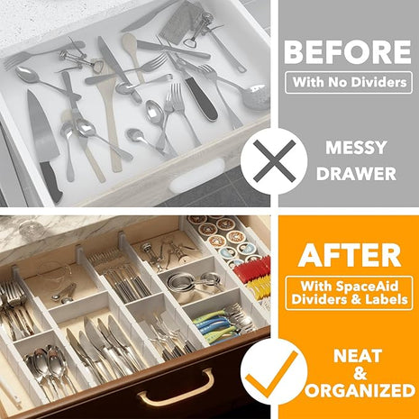 SpaceAid Bamboo Drawer Dividers with Inserts and Labels, Kitchen Adjustable Drawer Organizers, Expandable Organization for Home, Office, Dressers, 7 Dividers with 15 Inserts (17"-22" White)