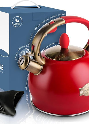 SUSTEAS Stove Top Whistling Tea Kettle - Food Grade Stainless Steel Teakettle Teapot with Cool Touch Ergonomic Handle, With 1 Silicone Pinch Mitt Included, 2.64 Quart(RED)