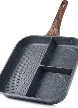 Sensarte Nonstick 11-Inch Square Grill Pan, 3-Section Versatile Breakfast Skillet, Die-cast Aluminum, PFOA, PFOS, APEO Free, Induction, Gas, Electric, Glass, Ceramic