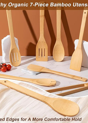 Wooden Spoons for Cooking 7-Piece, Kitchen Nonstick Bamboo Cooking Utensils Set, Durability Wooden Spatula Spoon for Everyday Use, Smooth Edge