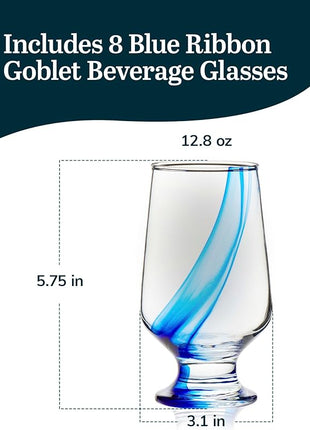 Libbey Blue Ribbon Goblet Glasses, Unique Blue Water Goblets Set of 8, Thick Stemmed Water Glasses for Sodas & Cocktails