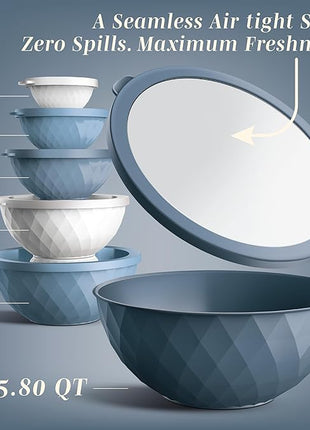COOK WITH COLOR Mixing Bowls with Lids - 12 Piece Plastic Nesting Bowls Set includes 6 Prep Bowls and 6 Lids, Diamond Design - Microwave Safe, Denim