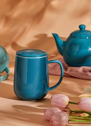 Sweese Porcelain Teacup with Infuser and Lid, 20oz, Steel Blue, Microwave Safe, Reusable