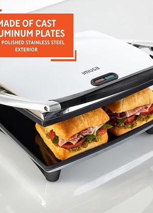 IMUSA 12x10in Stainless Steel Electric Panini Press with Temperature Control, Nonstick Plates for Sandwiches, Grilled Paninis, Quesadillas, and More
