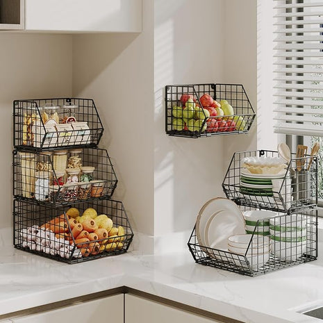 X-cosrack 3-Tier Stackable Wire Baskets for Pantry Organization and Storage, Kitchen Counter Basket for Potato Onion Storage, Fruit and Vegetable Storage Basket, Metal Baskets for Snack Produce Cans