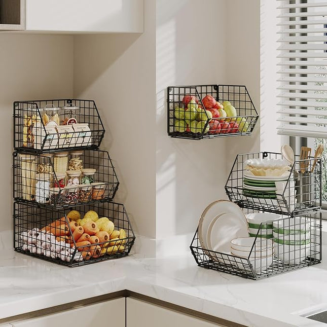 X-cosrack 3-Tier Stackable Wire Baskets for Pantry Organization and Storage, Kitchen Counter Basket for Potato Onion Storage, Fruit and Vegetable Storage Basket, Metal Baskets for Snack Produce Cans