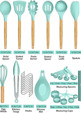 Umite Chef Kitchen Cooking Utensils Set, 24 pcs Non-stick Silicone Cooking Kitchen Utensils Spatula Set with Holder, Wooden Handle Heat Resistant Silicone Kitchen Gadgets Utensil Set (Green)