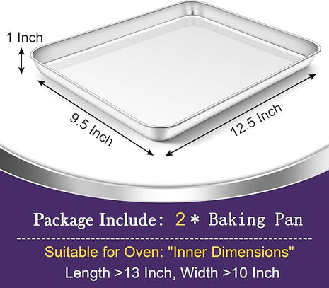 TeamFar Toaster Oven Pan Set of 2, Stainless Steel Toaster Oven Baking Tray Ovenware, 12.5’’x 9.5’’x1’’, Non Toxic & Healthy, Rust Free & Mirror Finish, Easy Clean & Dishwasher Safe