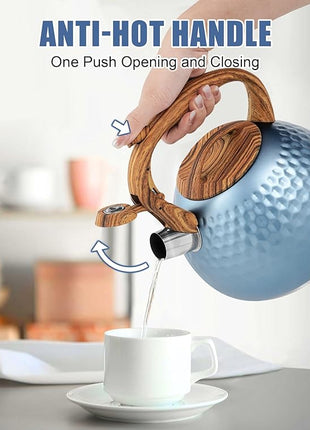 Stainless Steel Tea Kettle Blue, Teapot 3.2 Quart Whistling Tea Kettle, Tea Pots for Stove Top with Wood Pattern Handle, Gas Electric Applicable