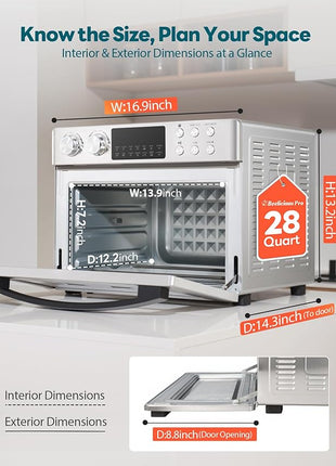 28QT Air Fryer Toaster Oven Combo, Large 12-in-1 Convection Countertop Oven with 3-Layer Cooking, Rotisserie for Chicken, 6 Heating Tubes, Fast Preheat, Fit 11" Pizza, All Accessories, Stainless Steel