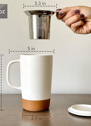 Mora Ceramics Large Tea Mug with Loose Leaf Infuser and Ceramic Lid, 18 oz, Portable, Microwave and Dishwasher Safe, Tall Coffee Cup - Rustic Matte Ceramic Glaze, Modern Herbal Tea Strainer, Cotton