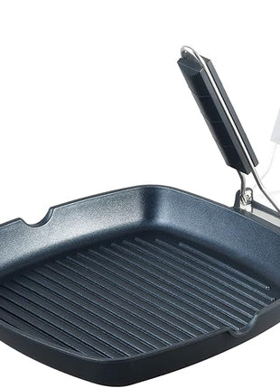 SKITCHN Nonstick Grill Pan With Folding Handle - Induction Compatible KBBQ Pan for Stove Tops, Indoor Square BBQ Grilling With Pour Spouts - 11 in