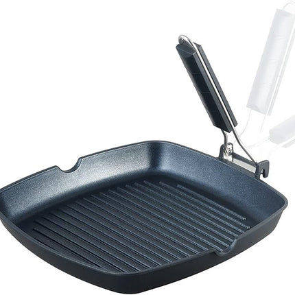 SKITCHN Nonstick Grill Pan With Folding Handle - Induction Compatible KBBQ Pan for Stove Tops, Indoor Square BBQ Grilling With Pour Spouts - 11 in