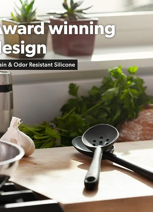 DI ORO Silicone Ladle & Spoons for Cooking – Large Kitchen Spoons for Mixing, Serving, & Stirring - Soup Ladle with Wide Bowl - High Heat Silicone Kitchen Utensils for Nonstick Cookware Safe (Black)