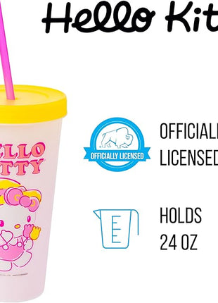 Silver Buffalo Sanrio Hello Kitty Summertime Gardening 4-Pack Color Changing Plastic Tumblers Includes Lid and Straw, 24 Ounces
