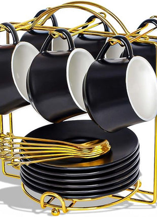 Lareina 3-Ounce Porcelain Espresso Cups Set of 6, Stackable Coffee Cups with Saucers, Spoons and Metal Stand, Ceramic Demitasse Mugs, Espresso Accessories for Machine, Black