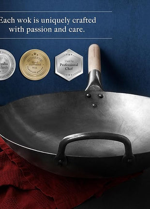 Mammafong Round Bottom 14-inch Traditional Carbon Steel Wok Pan - Authentic Hand Hammered Woks and Stir Fry Pans - Pow Wok with no chemical coating