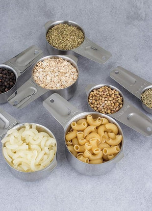Set of 7 Heavy Duty Measuring Cups, 18/8 Stainless Steel with Ring Connector, Silver