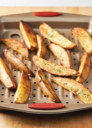 Rachael Ray Cucina Nonstick Bakeware Set with Grips, Nonstick Cookie Sheet / Baking Sheet with Crisper Pan - 2 Piece, Latte Brown with Cranberry Red Handle Grips