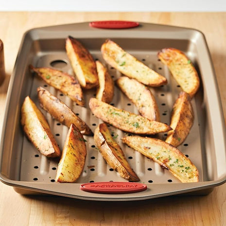 Rachael Ray Cucina Nonstick Bakeware Set with Grips, Nonstick Cookie Sheet / Baking Sheet with Crisper Pan - 2 Piece, Latte Brown with Cranberry Red Handle Grips