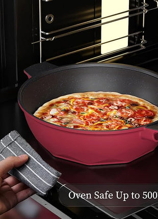 TIBORANG 8 in 1 Multipurpose 11 Inch 5 Quart Heat Indicator Nonstick Deep Frying Pan with Glass Lid,Stay-cool Handle,Steamed Grid,PFOA-Free,Dishwasher&Oven Safe,Works with All Stovetops(Ruby Red)