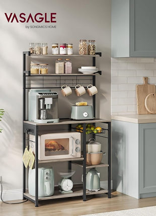 VASAGLE Bakers Rack with Power Outlet, 35.4 Inches Microwave Stand, Coffee Bar, 4 AC Outlets, with Adjustable Shelves, 8 S-Hooks, Basket, Spice Racks, Heather Greige and Ink Black UKKS031K02