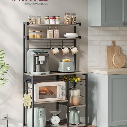 VASAGLE Bakers Rack with Power Outlet, 35.4 Inches Microwave Stand, Coffee Bar, 4 AC Outlets, with Adjustable Shelves, 8 S-Hooks, Basket, Spice Racks, Heather Greige and Ink Black UKKS031K02