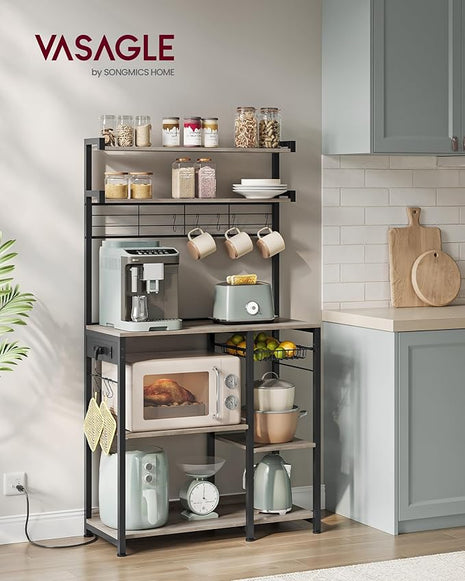 VASAGLE Bakers Rack with Power Outlet, 35.4 Inches Microwave Stand, Coffee Bar, 4 AC Outlets, with Adjustable Shelves, 8 S-Hooks, Basket, Spice Racks, Heather Greige and Ink Black UKKS031K02