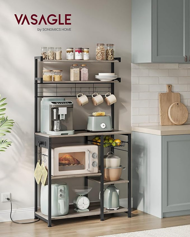 VASAGLE Bakers Rack with Power Outlet, 35.4 Inches Microwave Stand, Coffee Bar, 4 AC Outlets, with Adjustable Shelves, 8 S-Hooks, Basket, Spice Racks, Heather Greige and Ink Black UKKS031K02