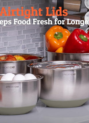 Priority Chef Premium Mixing Bowls With Lids Set, Airtight Lids, Thicker Stainless Steel, Non-Slip Base, 5 Nesting Steel Bowls for Kitchen, Large Prep Metal Bowl Set 1.5/2/3/4/5 Qt, Khaki