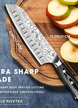 MOSFiATA Santoku Knife- 7 Inch Vegetable Knife Ultra Sharp Chopping Knife- Forged EN.4116 German Steel- Including Sheath,Finger Guard,Knife Sharpener,Full Tang,Best Gifts with Handmade Gift Box
