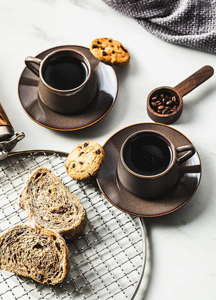 YHOSSEUN Espresso Cups 4 Oz, Porcelain Coffee Cups Set of 6 Espresso Cup with Saucers, Meatal Stand, and Stir Spoons, Brown Expresso Shots Cup