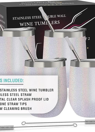 CHILLOUT LIFE 12 oz Stainless Steel Wine Tumblers 4 Pack - Double Wall Vacuum Insulated Wine Glasses Cups with Lids and Straws Set Keeping Cold & Hot for Coffee, Beer, Ice Cream - Holographic Glitter