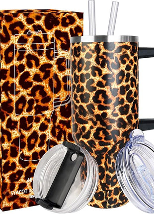 SYACOT 40 oz Tumbler with Handle and Straw Stainless Steel Insulated Tumbler Leak Proof Lid and Straw Lid Reusable Travel Mug Coffee Mug Cup Dishwasher Safe Keep Drinks Cold and Hot (Leopard)