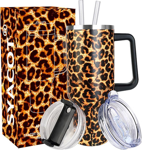 SYACOT 40 oz Tumbler with Handle and Straw Stainless Steel Insulated Tumbler Leak Proof Lid and Straw Lid Reusable Travel Mug Coffee Mug Cup Dishwasher Safe Keep Drinks Cold and Hot (Leopard)