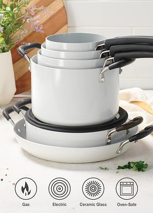 Tramontina Ceramic Non Stick 11-Piece Nesting Pots and Pans Set with Lids - Stackable Nonstick Cookware Set, Dishwasher and Oven Safe, White