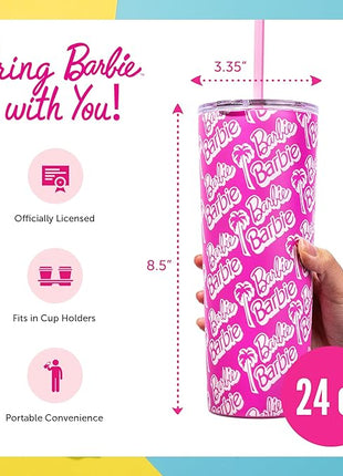 Dragon Glassware x Barbie 24 oz Insulated Stainless Steel Tumbler with Lid and 2 Straws - Travel Coffee Tumbler Cup to Keep Drinks Hot or Cold, Fits Cup Holders - Palm Trees