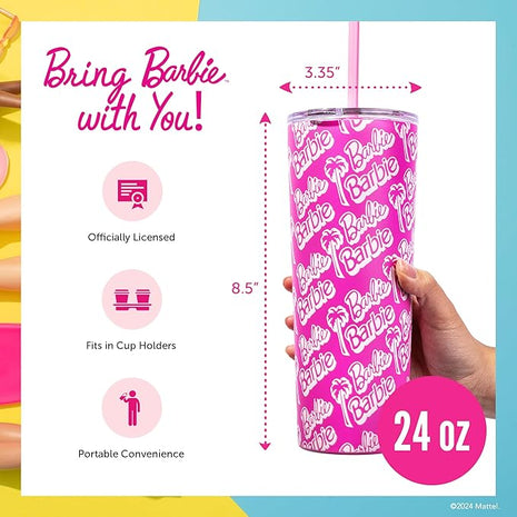Dragon Glassware x Barbie 24 oz Insulated Stainless Steel Tumbler with Lid and 2 Straws - Travel Coffee Tumbler Cup to Keep Drinks Hot or Cold, Fits Cup Holders - Palm Trees
