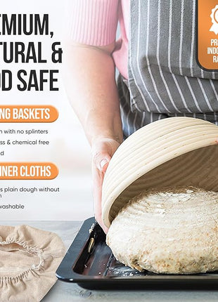 Complete Sourdough Starter Kit and Sourdough Bread Baking Supplies - Includes 9" Banneton Proofing Basket, 34oz Sourdough Starter Jar, Silicone Bread Sling, Scrapers, Bread Lame and Measuring Spoons