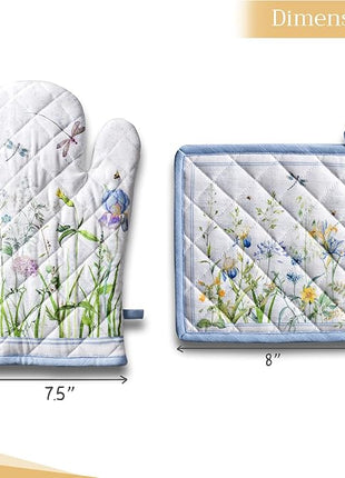 Maison d' Hermine 100% Cotton Oven Mitt & Pot Holder Set (7.5"x13" & 8"x8") Heat Resistant BBQ Cooking Gloves with Loop, Baking, Grilling, Kitchen, Handling Hot Pans Spring/Summer (Fleurs De Mai)