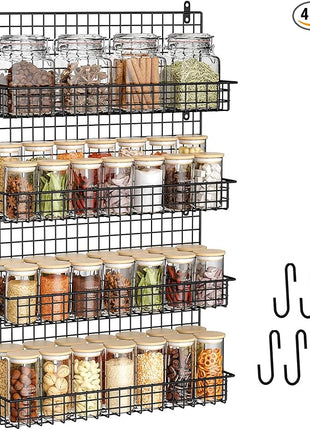 X-cosrack Upgraded Spice Rack Organizer - Wall Mounted Large 4-Tier Stackable Spice Storage with 5 Hooks, Holds 80 Jars, for Kitchen Pantry Organization (Patent:D909138S)