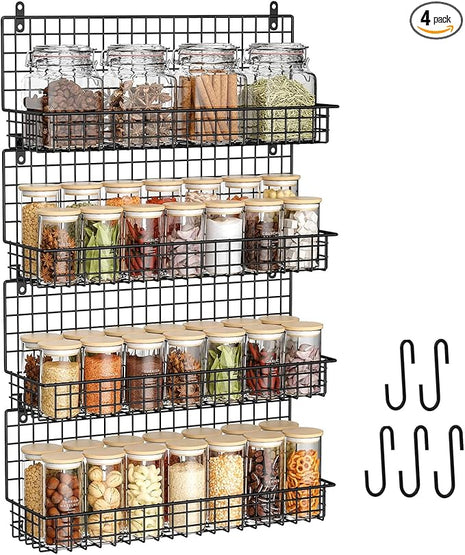 X-cosrack Upgraded Spice Rack Organizer - Wall Mounted Large 4-Tier Stackable Spice Storage with 5 Hooks, Holds 80 Jars, for Kitchen Pantry Organization (Patent:D909138S)