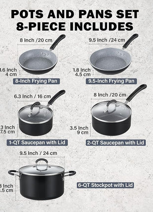 Cook N Home Pots and Pans Nonstick Kitchen Cookware Sets include Saucepan Frying Pan Stockpots 8-Piece, Heavy Gauge, Stay Cool Handle, Marble